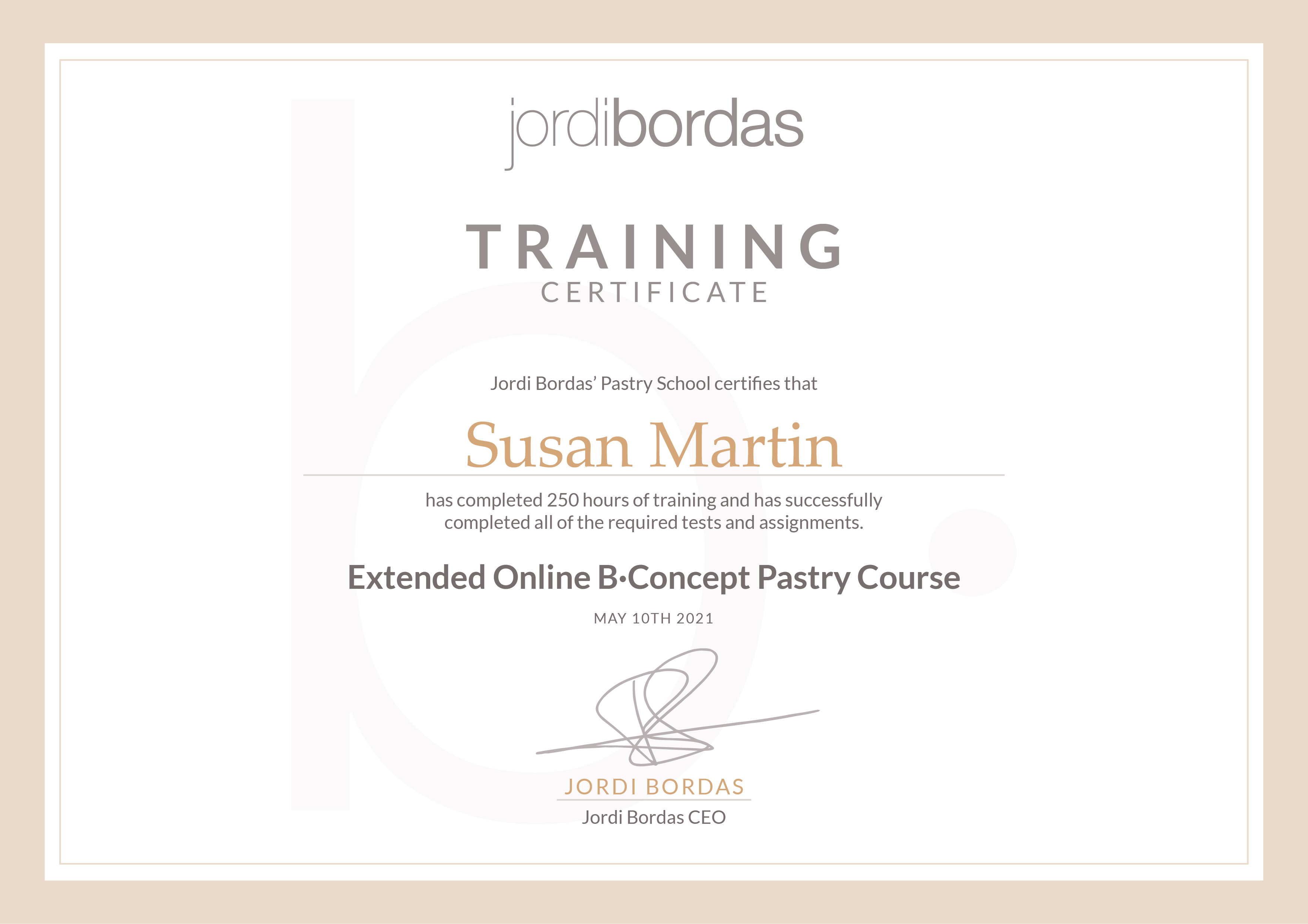 Training certificate accredited by Jordi Bordas’ Pastry School